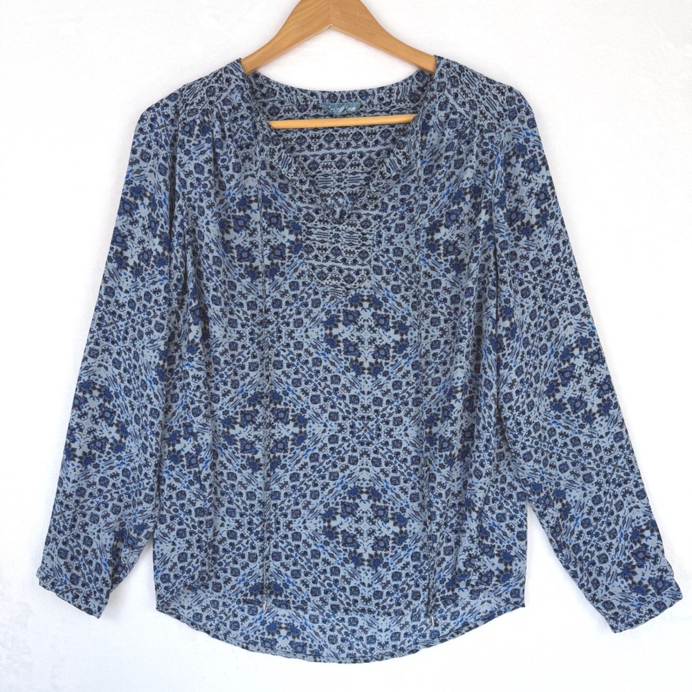 Fleur Bleve Womens Blue Geometric Floral Medallion Split V-Neck‎ Blouse Large L